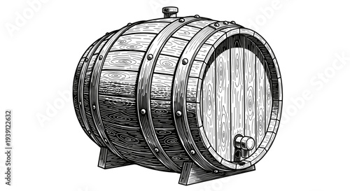 Vintage engraving wooden wine barrel with grape bunch winemaking illustration hand drawn woodcut style winery symbol