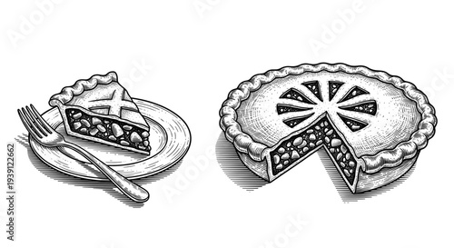 Vintage apple pie engraving, antique bakery sketch, traditional sweet pastry with lattice crust in woodcut style