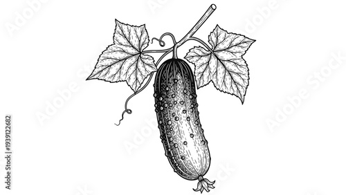 vintage cucumber vegetable with leaves and vine detailed botanical engraving illustration isolated, hand drawn garden plant woodcut style agricultural food drawing
