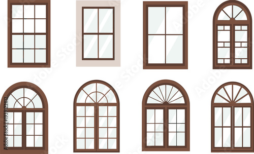 window frame collection illustration, vintage house windows set, classic wooden window design, architectural window vector, home exterior element icons