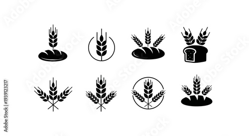 Minimal bakery wheat logo silhouette set featuring 4 artisan bread branding variations including bread loaf with wheat stalks, crossed wheat bakery symbol, circular badge wheat wreath, and simple whea