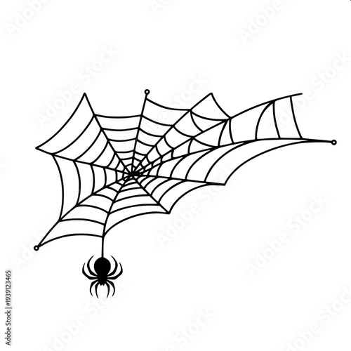 Minimalist monochrome line drawing of a decorative room wall with an arched window filled with a spider web, stars visible through the glass, curtains with hanging ornaments, pumpkins and flower pots 