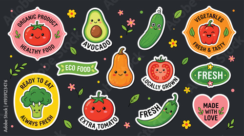 Healthy vegetable sticker set, cute kawaii style, tomatoes, avocados, peppers, broccoli, pumpkins, cucumbers, and badges