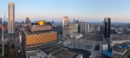Aerial panorama overlooking Centenary Square of Birmingham, featuring modern skyscrapers in the city's cultural heart