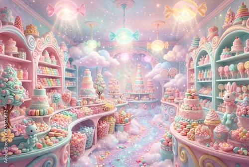 Fantasy Pastel Candy Shop Interior Filled with Colorful Sweets Cakes and Desserts