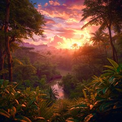 Crédence de cuisine Bordeaux Golden sunset bathes jungle canopy in warm glow  © HappyPic