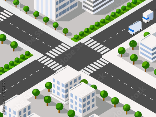 Isometric view of a city intersection with buildings and green spaces