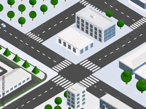 Isometric view of a city intersection with buildings and trees