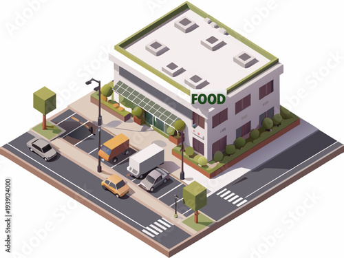 Isometric illustration of a modern grocery store with surrounding street scene