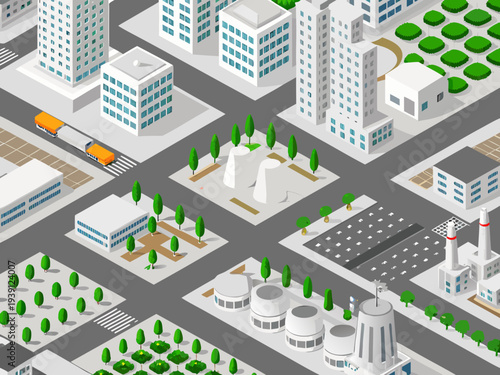 Isometric illustration of a modern city with buildings roads and green spaces