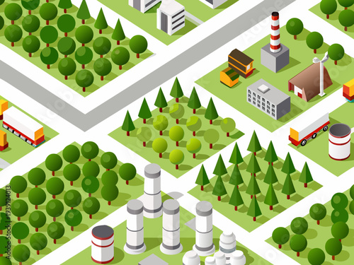 Isometric cityscape featuring industrial areas green trees and infrastructure