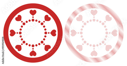 Two circular decorative frames with hearts and dots, symbolizing love and connection.