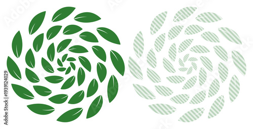 Green leaves forming a swirling pattern on a white background, representing nature's growth and flow.