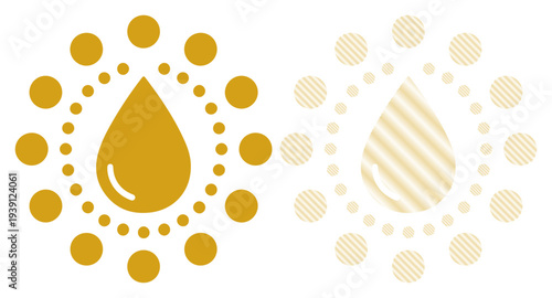 Golden droplet surrounded by radiating dots, symbolizing purity and luxury in a clean design