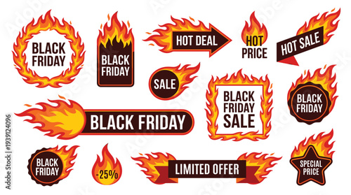 Black Friday promotional badges set, fiery elements collection, bold vibrant graphics, flames, sale tags, discount labels, hot deals, and limited offers