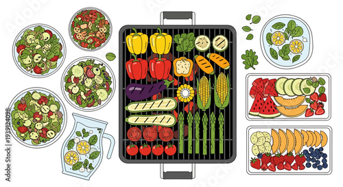 Grilled Vegetables and Fresh Salads Display.