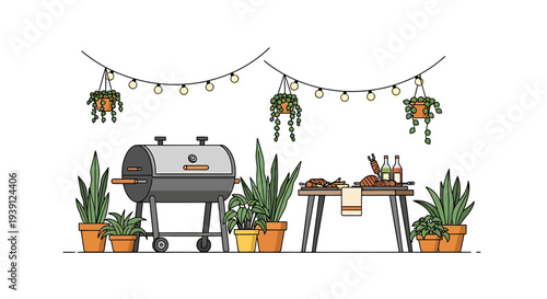 Illustration of Outdoor Grill and Potted Plants.