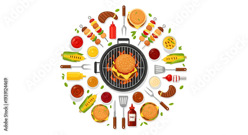 Grill with Surrounding Barbecue Food and Utensils.