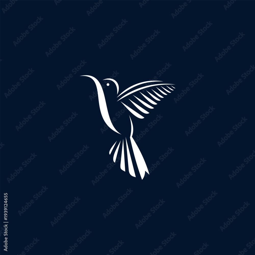 Obraz premium Elegant flying hummingbird silhouette logo vector design in a clean white line art style on a dark background. Perfect for beauty salons, wellness spa centers, and creative corporate identities