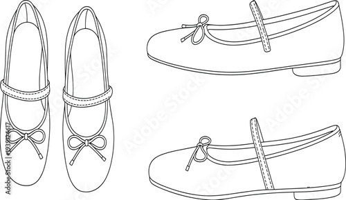 women flat shoes outline illustration, mary jane ballet flats vector, casual female footwear sketch, fashion shoe line art design