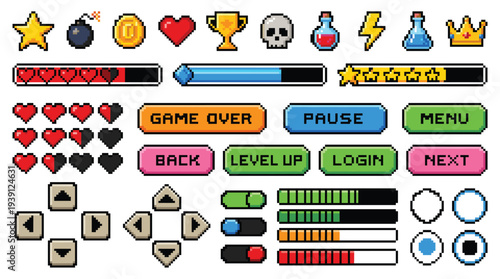 Retro gaming elements collection in pixel art style, hearts, stars, bombs, buttons, progress bars, and UI icons