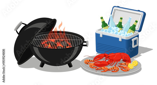 Barbecue Grill with Food and Cooler.