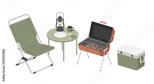 Camping Chair Table Grill Cooler Equipment.