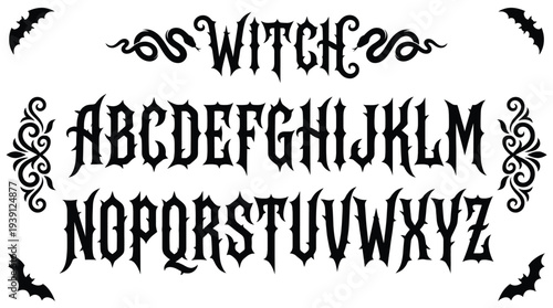 Halloween witch alphabet collection in gothic style, bats, swirls, flourishes, and spooky letters