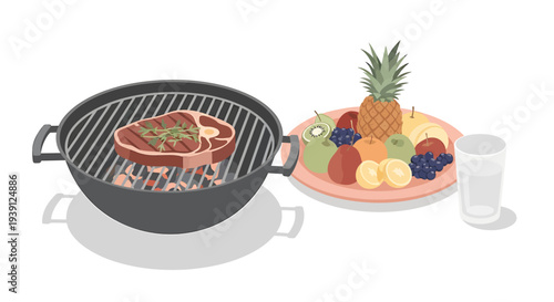 Grilled Food and Fresh Fruit on Plate.
