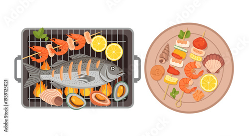 Grilled and Served Seafood with Lemon.