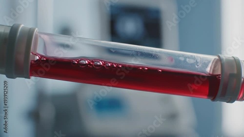 Close-up view of a test tube filled with red liquid being held in a laboratory setting