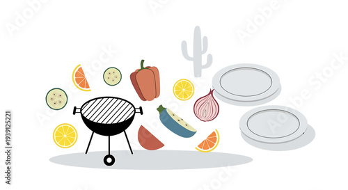 Barbecue Grill with Food and Utensils.