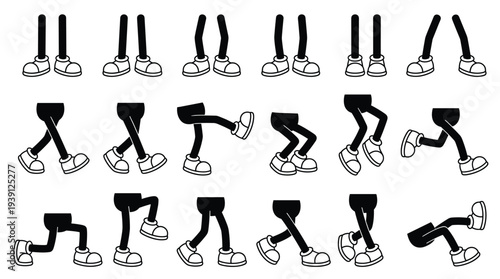 Cartoon legs and feet element set, minimalist line drawings of standing, walking, kicking, bending, jumping, running, and dancing poses