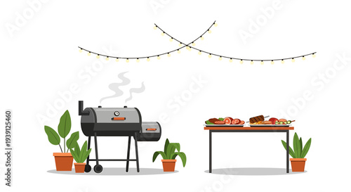 Barbecue Grill with Food on Table.