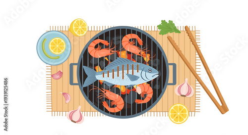 Grilled Shrimp and Fish on Barbecue.