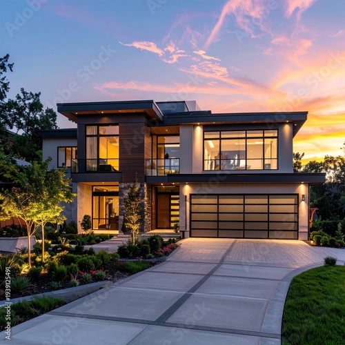 Modern luxury home with a concrete drive during a sunset