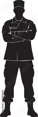 Military officer vector silhouette standing with arms crossed uniform illustration line art