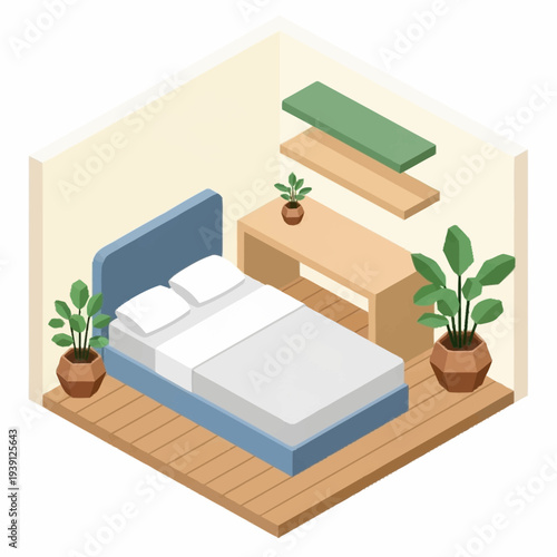 3D illustration of a modern minimalist bedroom interior with bed and furniture.