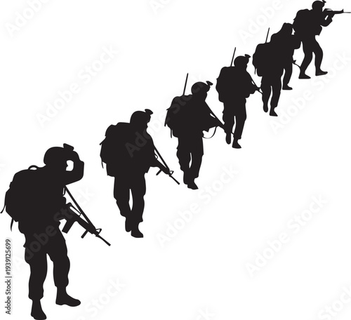 Military soldiers marching in a line art vector silhouette illustration on transparent background