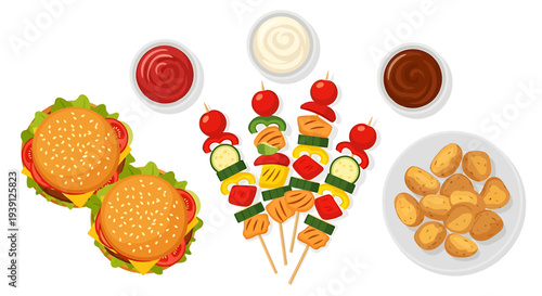 Hamburgers, skewers, and fried potatoes with dips.