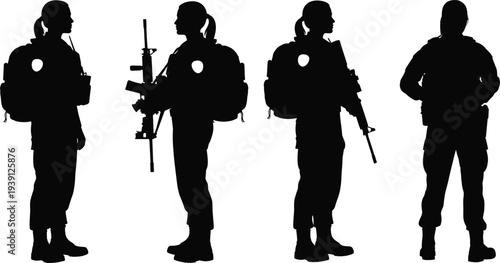Black silhouette of a female soldier standing with tactical gear military backpack and assault rifle on a white background isolated