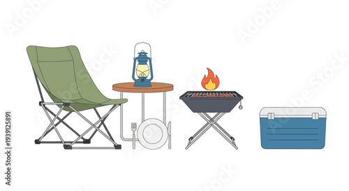 Camping Equipment Chair Table Cooler Grill.