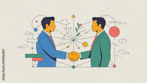 Two businessmen shaking hands in front of a complex network diagram with various symbols and clouds in the background representing partnership and collaboration