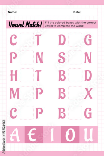 Vowel Match Worksheet for Kids English Learning Activity