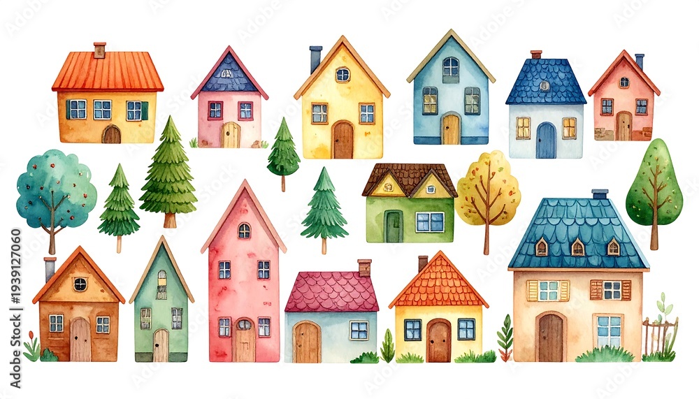 Fototapeta premium Watercolor painted row of cute, colorful, cartoonish houses and trees on a white background, in a whimsical style