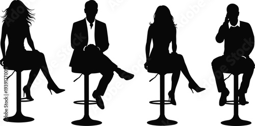 Black silhouettes of professional men and women sitting on bar stools, business people posing in elegant suits and high heels