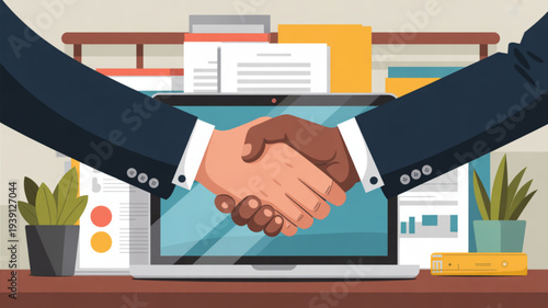 Professional business partnership and agreement illustration featuring handshake on laptop screen in modern office setting with documents and plants