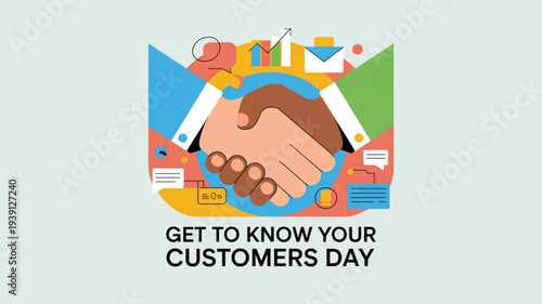 Get to know your customers day illustration with handshake business partnership and customer relationship management elements