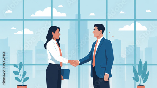 Business professionals shaking hands in modern office with city view symbolizing partnership and agreement