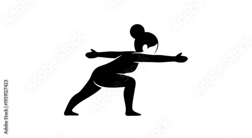 A woman in a yoga pose, standing with arms outstretched and one leg bent in a serene stance